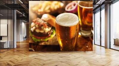 beer and burgers on wooden table Wall mural