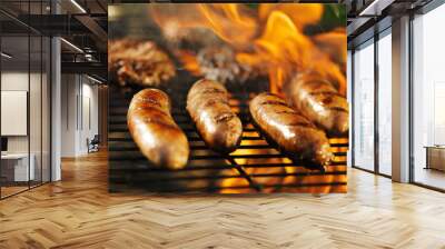 bratwursts cooking on flaming grill Wall mural