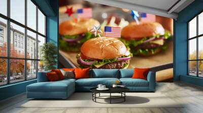 cheeseburgers with american flags for 4th of july picnic Wall mural