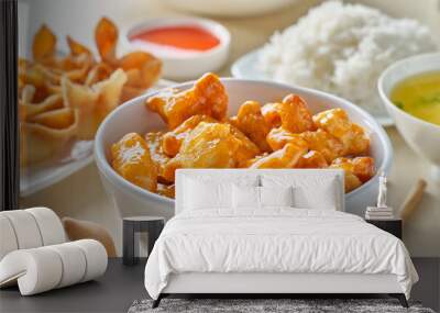 chinese food with orange chicken, crab rangoon and fortune cookie Wall mural