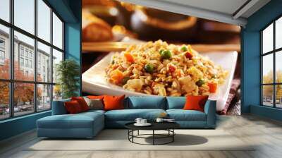 chinese fried rice on plate with orange glow Wall mural