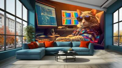 cool cat using computer for stock trading and wearing sunglasses portrait, created with Generative AI Wall mural