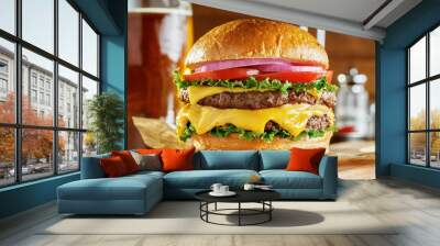 double cheese burger with beer Wall mural