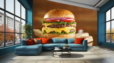 double cheeseburger with lettuce, tomato, onion, and melted american cheese Wall mural