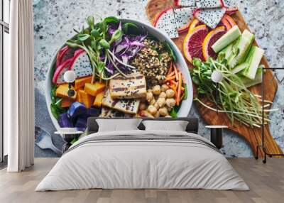 grilled tofu and dragon fruit buddha bowl top view Wall mural