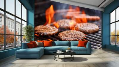 hamburgers and hot dogs cooking on grill with flames Wall mural