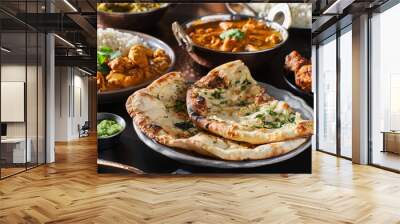 indian naan bread with herbs and garlic seasoning on plate Wall mural