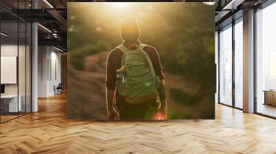 male millennial hiker trekking up trail in southern california during sunset Wall mural