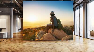 Rear view of woman hiker sitting on rock on top of hill while looking at sunset over San Diego California Wall mural