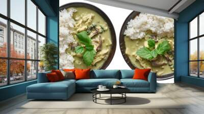 thai green curry chicken on plate with rice in 4 variations shot with consistent lighting and scale top down and isolated Wall mural