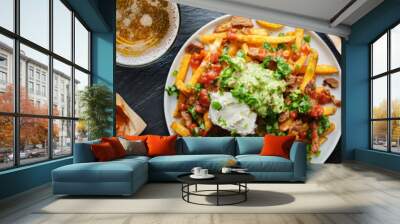 top down photo of carne asada fries and buffalo chicklen wings Wall mural