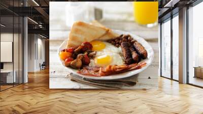 traditional english breakfast on rustic table with orange juice Wall mural