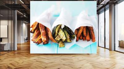 trio of carrot, zucchini, and sweet potato fries shot head on Wall mural