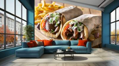 two greek gyros with shaved lamb and french fries Wall mural