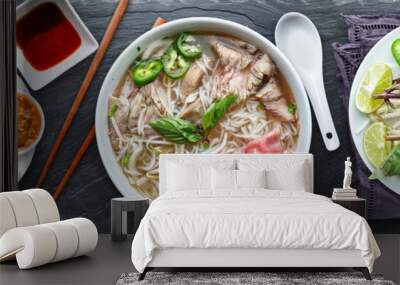 vietnamese beef pho with spring rolls in flat lay composition Wall mural