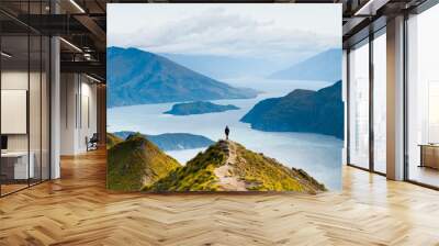 Roys peak mountain hike in Wanaka New Zealand. Popular tourism travel destination. Concept for hiking travel and adventure. New Zealand landscape background. Wall mural