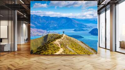 Roys peak mountain hike in Wanaka New Zealand. Popular tourism travel destination. Concept for hiking travel and adventure. New Zealand landscape background.	 Wall mural