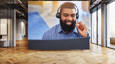 Call center, customer support and black man on computer talking at desk for friendly service. Telemarketing, business and happy male consultant with headset for communication, crm help and contact Wall mural