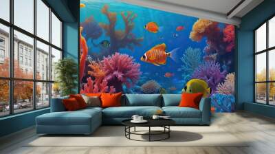 A vibrant coral reef, full of marine life, serves as the backdrop here. Colorful tropical fish swim among bright corals and anemones. Wall mural