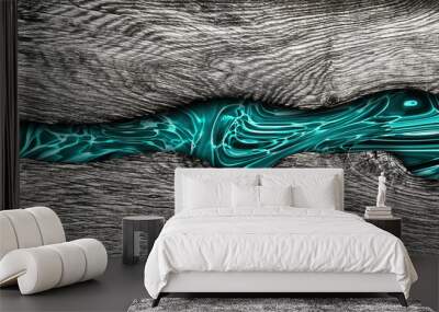 Old cracked wood with turqouis dark epoxy river Wall mural