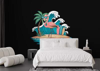 A flamingo with sunglasses standing on a surf themed tropical island. Wall mural