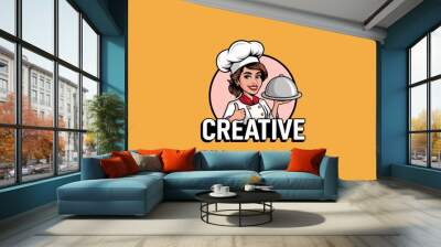 Chef woman in hijab presenting food, cartoon vector Wall mural