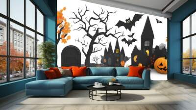 halloween scenery. an enchanted castle surrounded by pumpkins and bats. scary scene. vector illustration and haunted house Wall mural