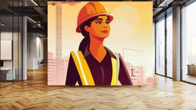 vector illustration construction worker woman wearing PPEs, machinery in the background., construction site. hard hat, safety glasses, safety boots. Personal protection equipment. architect, engineer Wall mural