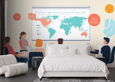 vector illustration of a company presentation. office work. world map in the background. business work. work colleagues. laptop presentation . discussion between work colleagues Wall mural