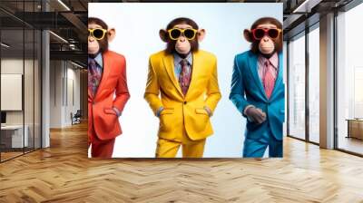 a group of anthropomorphized monkeys wearing colorful suits and sunglasses posing created with generative ai Wall mural