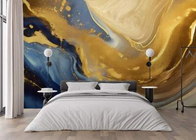 abstract paint background by deep blue and gold color with liquid fluid texture in luxury concept Wall mural