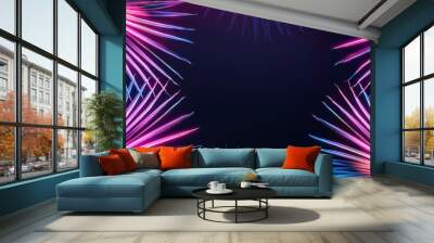 glowing neon border embracing abstract palm leaves Wall mural