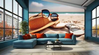 summer accessories on sandy beach Wall mural