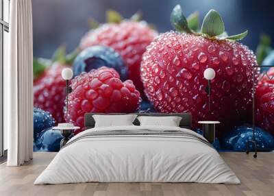 CloseUp of Fresh Berries Strawberries Blueberries and Raspberries with Water Beads Wall mural