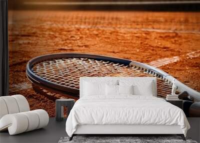 Closeup tennis ball and racket on the clay court. Sports Wall mural