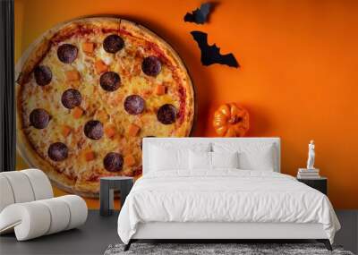 Pizza with decorations for Halloween day, photography product professional, black background, epic style, Generative AI Wall mural