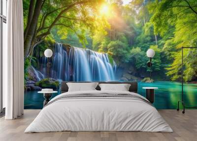 A serene waterfall in a lush forest with clear blue water and floating leaves, waterfall, lush forest, clear water, blue Wall mural