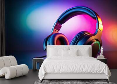 Close-up view of black gaming headphones with microphone and colorful light accents, gaming, headphones, colorful Wall mural