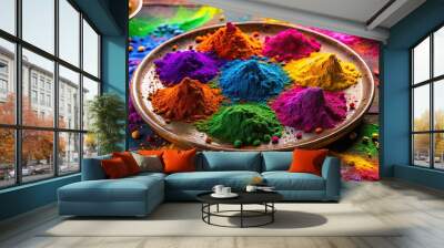 Vibrant photo of a festive plate with colorful Holi spices and purple powder, Holi, festival, colors, vibrant, celebration Wall mural