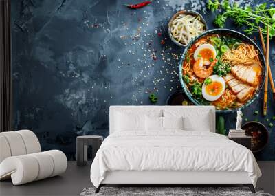 asian ramen photography top down shot, image with space for text, japanese Wall mural