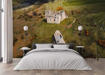 Aerial view of Crichton Castle in Midlothian, Scotland, UK Wall mural