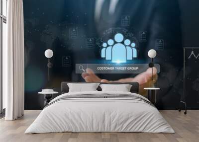 Businessman hold global customer network technology, data exchanges development, customer service, hr, communication, customer relationship management, social media.digital marketing online. Wall mural