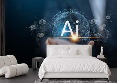 Concept of Artificial intelligence, AI robot, idea and business think, futuristic technology transformation, science, innovation, metaverse, network, bigdata, chat with AI and technology development Wall mural