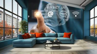 Hand of call center touching on screen contact us, email, address, operator, customer, suppor, phone services agen, customer support hotline.contact us concept Wall mural