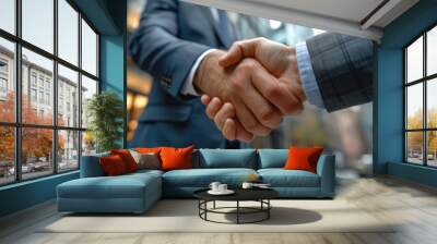 Two business partner meeting successful handshake, success congratulation, partnership approval good deal and thanks gesture concept  in modern office backgroung Wall mural