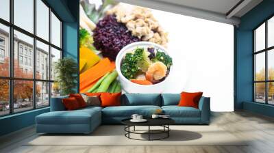  Stir fried broccoli with shrimp served with rice berry and orga Wall mural