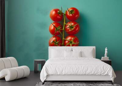 Eight cherry tomatoes on a green background, isolated. Minimal design. Flat lay. Wall mural