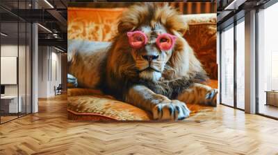 Portrait of a lion with pink sunglasses. Wall mural