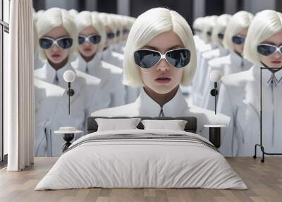 Beautiful futuristic blond model, serious faces, a army of clones stays in rows behind the central person, monochromatic and hyper - realistic photography, white color is dominated Wall mural