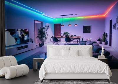 A modern and confortable living room illuminated by led strips - Generative AI Wall mural